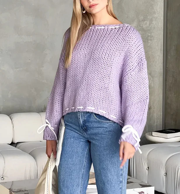 Bowknot Y2K Sweater – Long Sleeve Knit Top