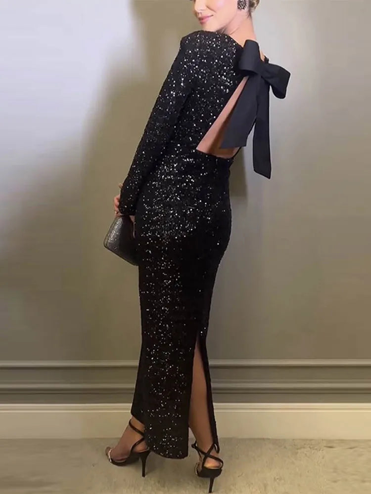 Black Sequins Bow Backless Long Sleeve Dress