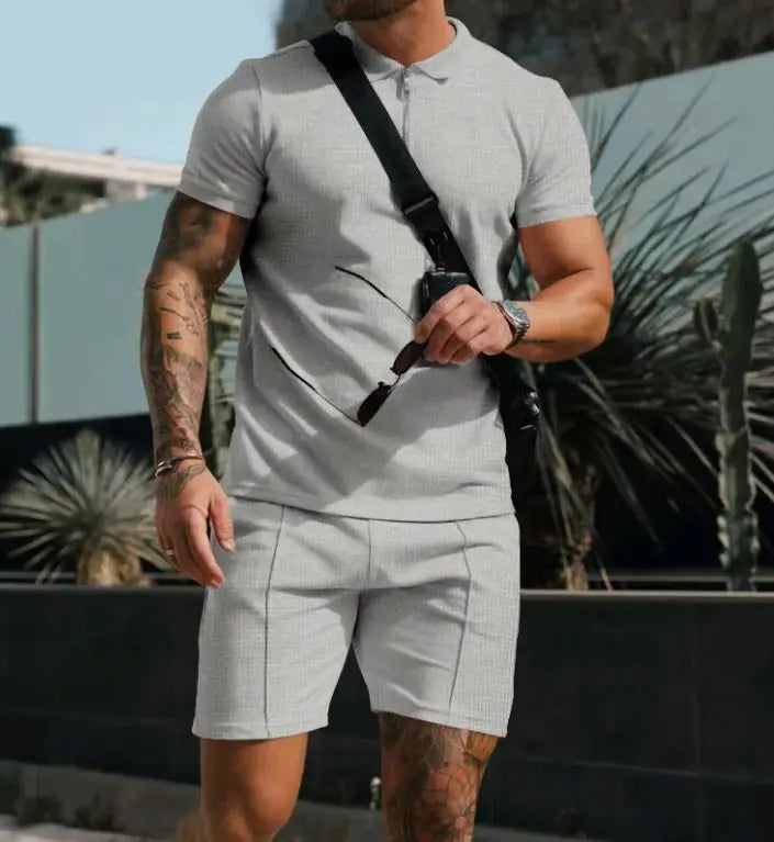 Super Men's Short Sleeve Shorts Casual Suit Summer Waffle Solid Color Casual Loose Lapels T-shirt Suit Men