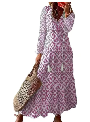 Bohemian V-Neck Long Sleeve Midi Dress for Women