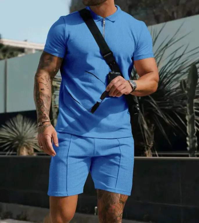 Super Men's Short Sleeve Shorts Casual Suit Summer Waffle Solid Color Casual Loose Lapels T-shirt Suit Men