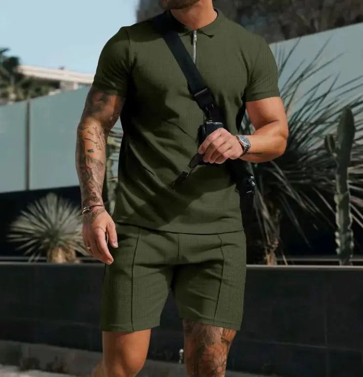 Super Men's Short Sleeve Shorts Casual Suit Summer Waffle Solid Color Casual Loose Lapels T-shirt Suit Men