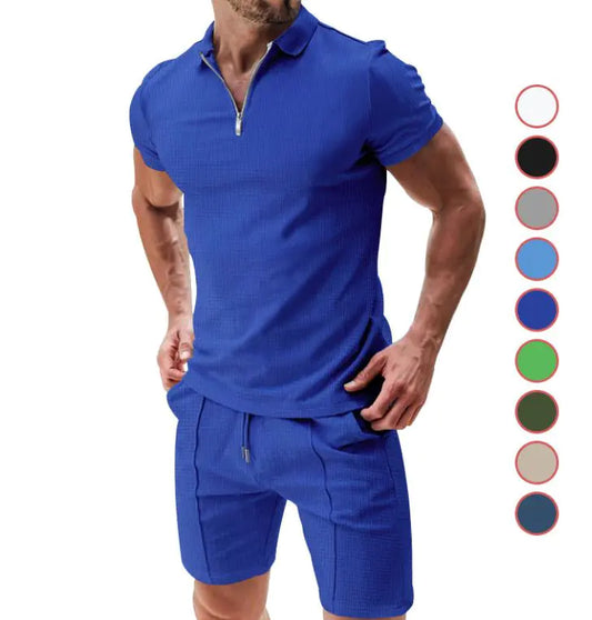 Super Men's Short Sleeve Shorts Casual Suit Summer Waffle Solid Color Casual Loose Lapels T-shirt Suit Men