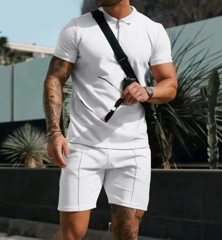 Super Men's Short Sleeve Shorts Casual Suit Summer Waffle Solid Color Casual Loose Lapels T-shirt Suit Men