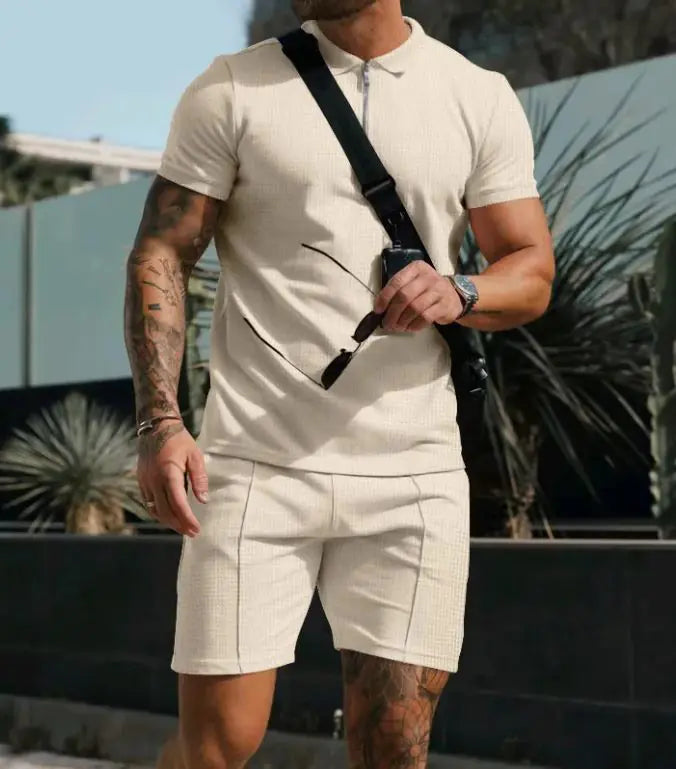 Super Men's Short Sleeve Shorts Casual Suit Summer Waffle Solid Color Casual Loose Lapels T-shirt Suit Men