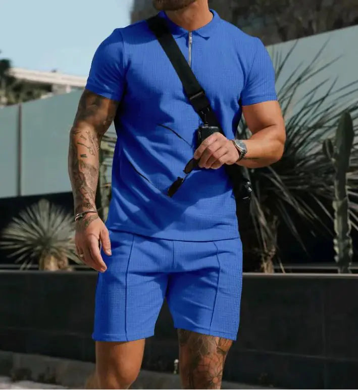 Super Men's Short Sleeve Shorts Casual Suit Summer Waffle Solid Color Casual Loose Lapels T-shirt Suit Men