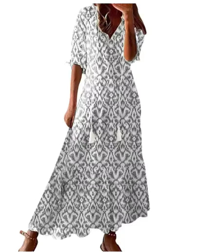 Bohemian V-Neck Long Sleeve Midi Dress for Women