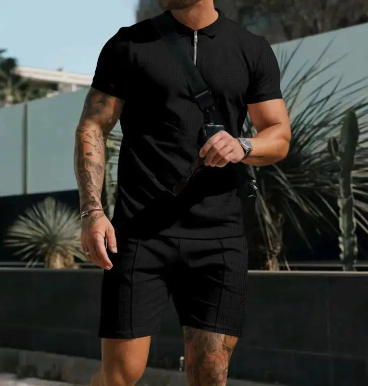 Super Men's Short Sleeve Shorts Casual Suit Summer Waffle Solid Color Casual Loose Lapels T-shirt Suit Men