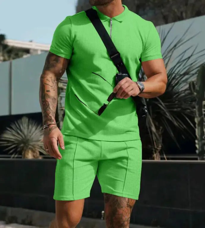 Super Men's Short Sleeve Shorts Casual Suit Summer Waffle Solid Color Casual Loose Lapels T-shirt Suit Men